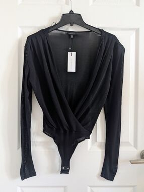 NWT Dynamite Jet Black Mock Neck Chic Wrap Sweater Bodysuit Long Sleeve XXS